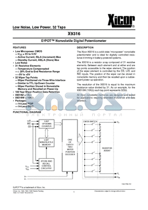 X9316W datasheet - E 2 POT Nonvolatile Digital Potentiometer