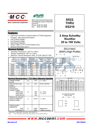 SS210 datasheet - 2 Amp Schottky Rectifier 20 to 100 Volts