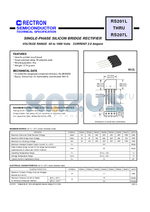 RS203L datasheet - SINGLE-PHASE SILICON BRIDGE RECTIFIER (VOLTAGE RANGE 50 to 1000 Volts CURRENT 2.0 Ampere)