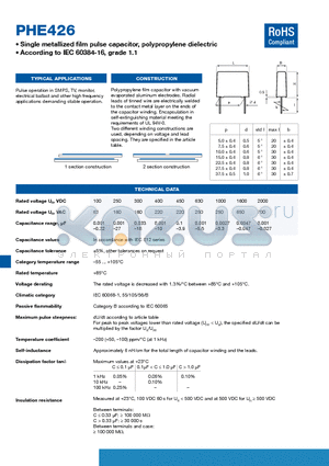 PHE426DJ4220JR05 datasheet - Single metallized film pulse capacitor, polypropylene dielectric