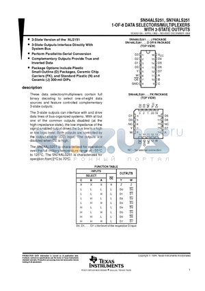 SN54ALS251FK datasheet - 1-OF-8 DATA SELECTORS/MULTIPLEXERS WITH 3-STATE OUTPUTS