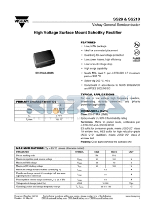 SS210HE3-52T datasheet - High Voltage Surface Mount Schottky Rectifier