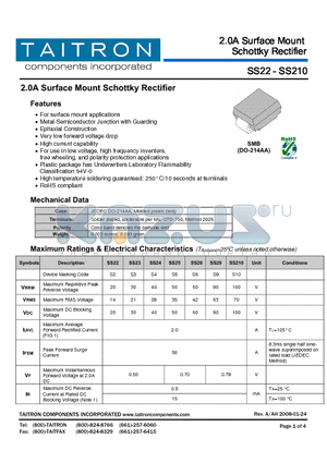 SS22 datasheet - 2.0A Surface Mount Schottky Rectifier