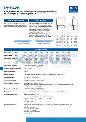 PHE426HR8180JR06L2 datasheet - Single metallized film pulse capacitor, polypropylene dielectric