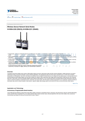RS232 datasheet - Wireless Sensor Network Serial Nodes NI WSN-3230 (RS232), NI WSN-3231 (RS485)