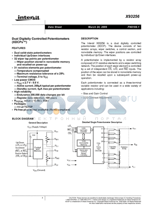 X93256 datasheet - Dual Digitally Controlled Potentiometers