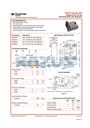 SS24D75 datasheet - Output to 75A, 510 Vac Solid-State Relay with Diagnostic