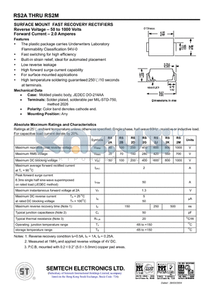 RS2D datasheet - SURFACE MOUNT FAST RECOVERY RECTIFIERS