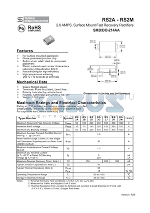 RS2G datasheet - 2.0 AMPS. Surface Mount Fast Recovery Rectifiers