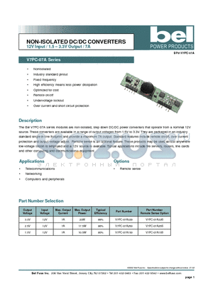 V7PC-07A250 datasheet - NON-ISOLATED DC/DC CONVERTERS 12V Input / 1.5 - 3.3V Output / 7A