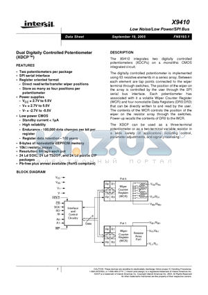 X9410WV24 datasheet - Low Noise/Low Power/SPI Bus