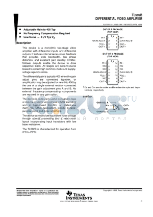 TL592BN datasheet - DIFFERENTIAL VIDEO AMPLIFIER