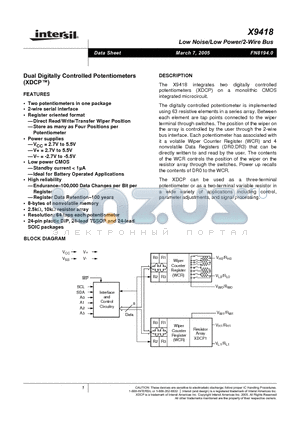 X9418-2.7 datasheet - Dual Digitally Controlled Potentiometers