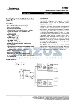 X9418WV24I-2.7 datasheet - Dual Digitally Controlled Potentiometers