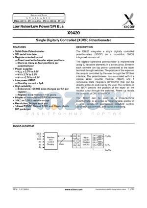 X9420WSM-2.7 datasheet - Single Digitally Controlled (XDCP) Potentiometer