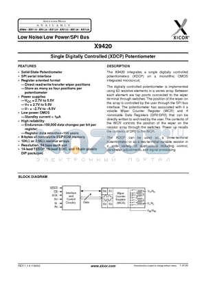 X9420WVI-2.7 datasheet - Single Digitally Controlled (XDCP) Potentiometer