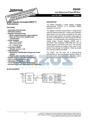 X9420YV14I-2.7 datasheet - Single Digitally Controlled Potentiometer