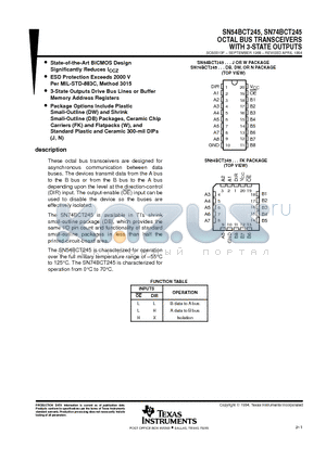 SN54BCT245J datasheet - OCTAL BUS TRANSCEIVERS WITH 3-STATE OUTPUTS