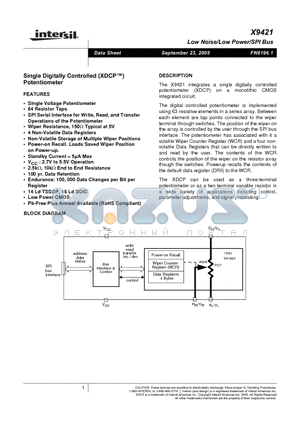 X9421WS16I-2.7 datasheet - Single Digitally Controlled (XDCP) Potentiometer