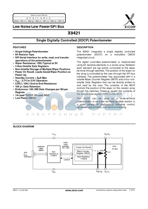 X9421WV-2.7 datasheet - Single Digitally Controlled (XDCP) Potentiometer