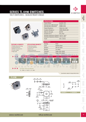 TL6190 datasheet - TACT SWITCHES - SEALED RIGHT ANGLE
