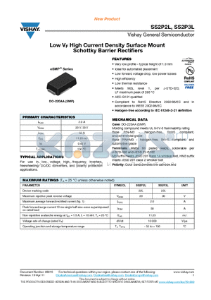 SS2P3L-M3-85A datasheet - Low VF High Current Density Surface Mount Schottky Barrier Rectifiers