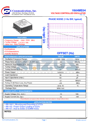V804ME04 datasheet - LOW COST - HIGH PERFORMANCE VOLTAGE CONTROLLED OSCILLATOR