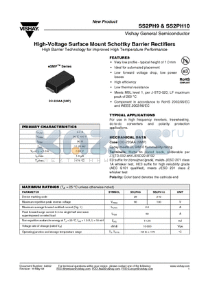 SS2PH9-E3/85A datasheet - High-Voltage Surface Mount Schottky Barrier Rectifiers High Barrier Technology for Improved High Temperature Performance