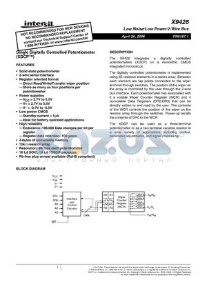 X9428WS16-2.7 datasheet - Single Digitally Controlled Potentiometer