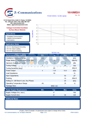 V810ME01 datasheet - Voltage-Controlled Oscillator Surface Mount Module