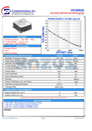V810ME06 datasheet - LOW COST - HIGH PERFORMANCE VOLTAGE CONTROLLED OSCILLATOR