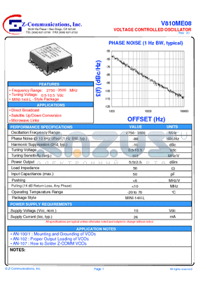 V810ME08 datasheet - LOW COST - HIGH PERFORMANCE VOLTAGE CONTROLLED OSCILLATOR