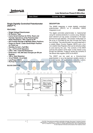 X9429 datasheet - Single Digitally Controlled Potentiometer