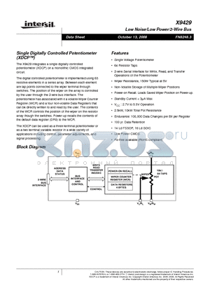 X9429 datasheet - Single Digitally Controlled Potentiometer(XDCP)