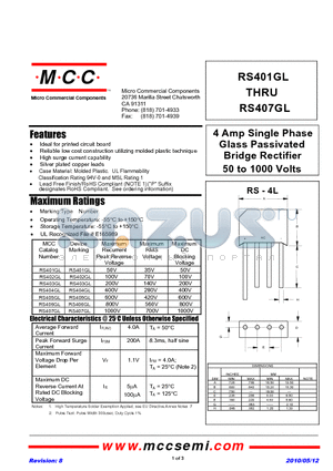 RS401GL datasheet - 4 Amp Single Phase Glass Passivated Bridge Rectifier 50 to 1000 Volts