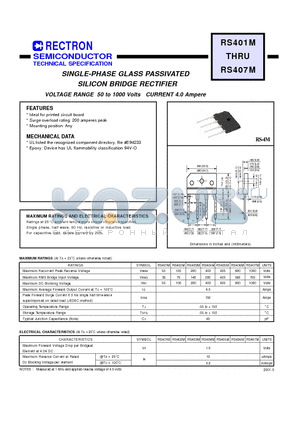 RS401M datasheet - SINGLE-PHASE GLASS PASSIVATED SILICON BRIDGE RECTIFIER (VOLTAGE RANGE 50 to 1000 Volts CURRENT 4.0 Ampere)