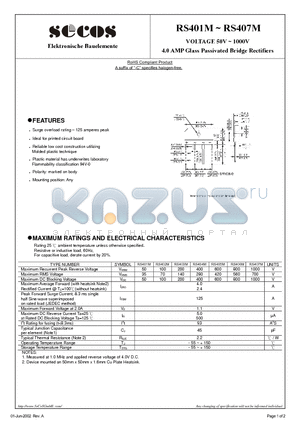 RS401M datasheet - VOLTAGE 50V ~ 1000V 4.0 AMP Glass Passivated Bridge Rectifiers