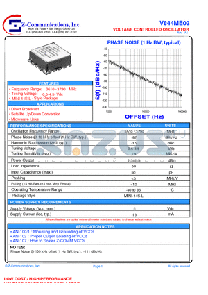 V844ME03 datasheet - LOW COST - HIGH PERFORMANCE VOLTAGE CONTROLLED OSCILLATOR