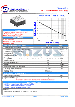 V844ME04 datasheet - LOW COST - HIGH PERFORMANCE VOLTAGE CONTROLLED OSCILLATOR