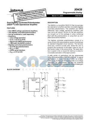 X9438WV24-2.7 datasheet - Dual Digitally Controlled Potentiometer (XDCP) with Operational Amplifier