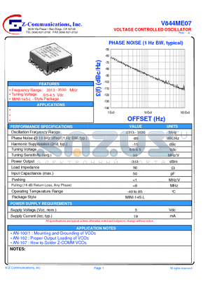 V844ME07 datasheet - LOW COST - HIGH PERFORMANCE VOLTAGE CONTROLLED OSCILLATOR
