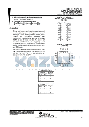 SN54F241 datasheet - OCTAL BUFFERS/DRIVERS WITH 3-STATE OUTPUTS