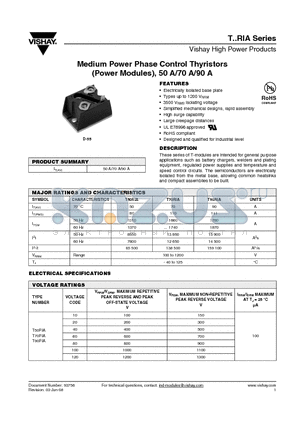 T50RIA20 datasheet - Medium Power Phase Control Thyristors (Power Modules), 50 A/70 A/90 A