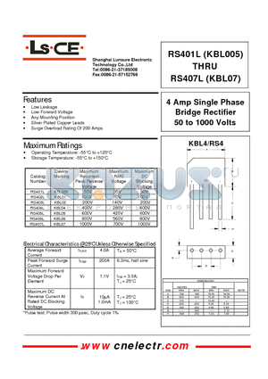 RS405L datasheet - 4Amp single phase bridge rectifier 50to1000 volts