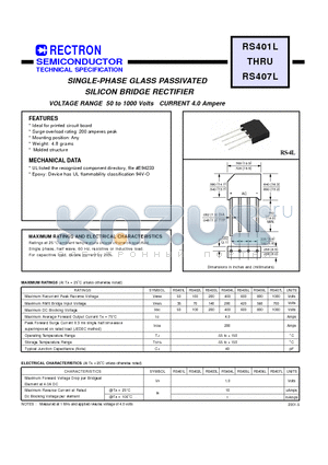 RS406L datasheet - SINGLE-PHASE GLASS PASSIVATED SILICON BRIDGE RECTIFIER (VOLTAGE RANGE 50 to 1000 Volts CURRENT 4.0 Ampere)