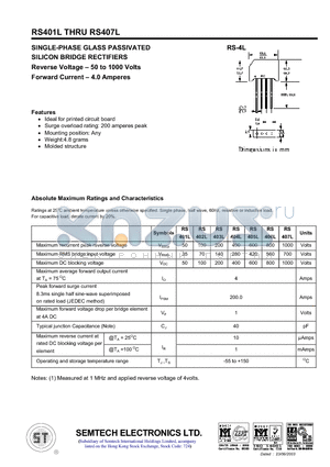 RS406L datasheet - SINGLE-PHASE GLASS PASSIVATED SILICON BRIDGE RECTIFIERS