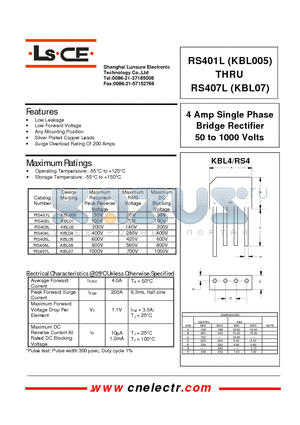 RS406L datasheet - 4Amp single phase bridge rectifier 50to1000 volts