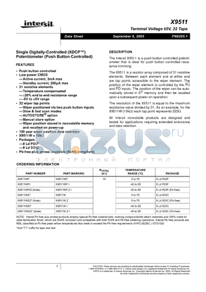 X9511 datasheet - Single Digitally-Controlled (XDCP) Potentiometer (Push Button Controlled)
