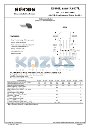 RS407L datasheet - VOLTAGE 50V ~ 1000V 4.0 AMP Glass Passivated Bridge Rectifiers