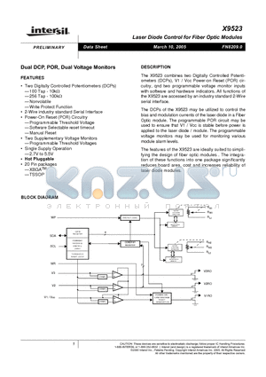 X9523B20I-A datasheet - Laser Diode Control for Fiber Optic Modules